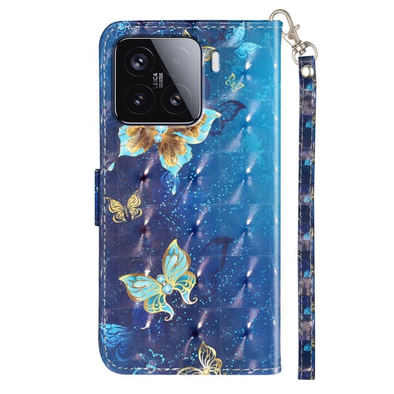 Flip Cover Xiaomi 15t Pro Blå Og Gyldne Sommerfugle