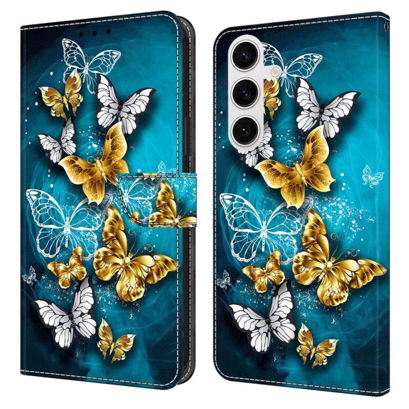 Flip Cover Samsung Galaxy S26 Plus Guld Sommerfugl På Grønt