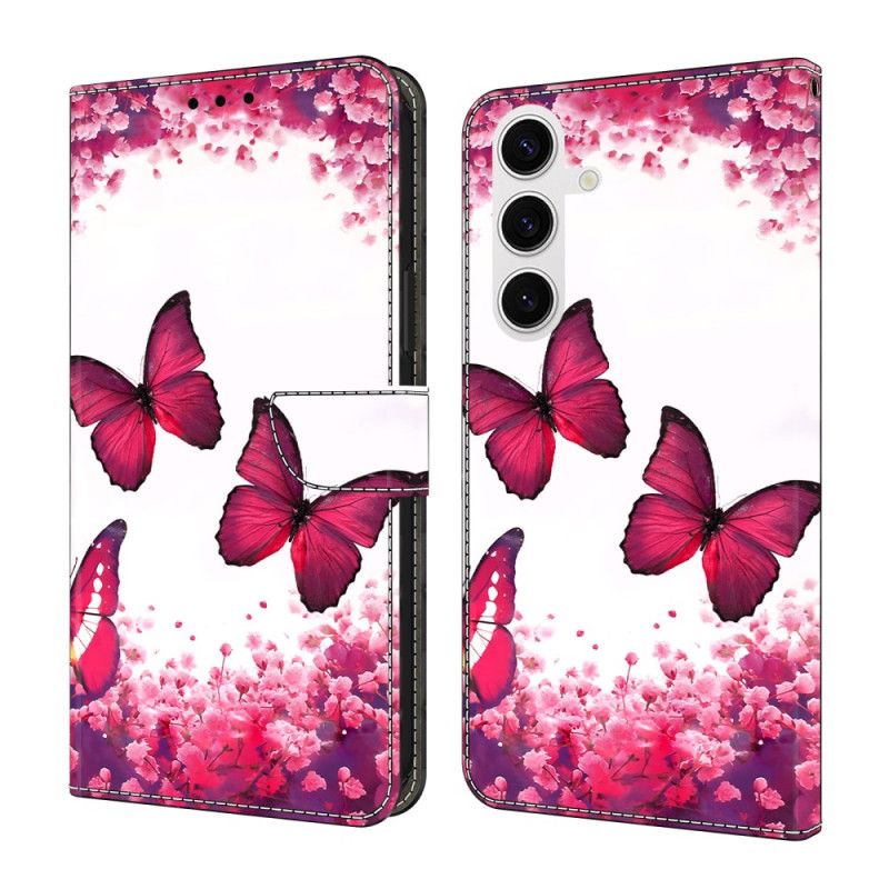 Flip Cover Samsung Galaxy S26 Plus Røde Sommerfugle