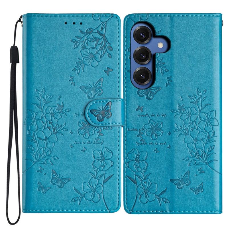 Læder Cover Samsung Galaxy S26 Plus Blomstersommerfugledesign Og Snor