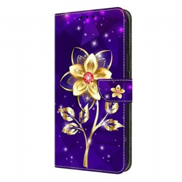 Læder Cover Samsung Galaxy S26 Plus Telefon Etui Gyldne Blomster På En Lilla Baggrund