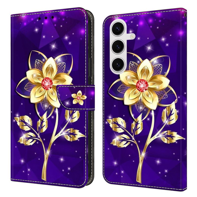 Læder Cover Samsung Galaxy S26 Plus Telefon Etui Gyldne Blomster På En Lilla Baggrund
