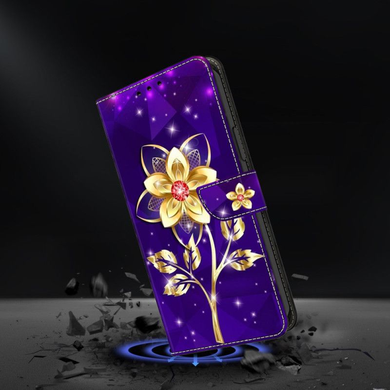 Læder Cover Samsung Galaxy S26 Plus Telefon Etui Gyldne Blomster På En Lilla Baggrund
