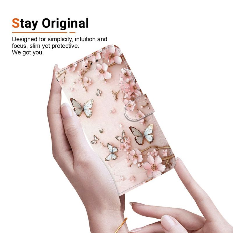 Flip Cover Til Xiaomi 15t Rosaguldsommerfugle Og Blomster