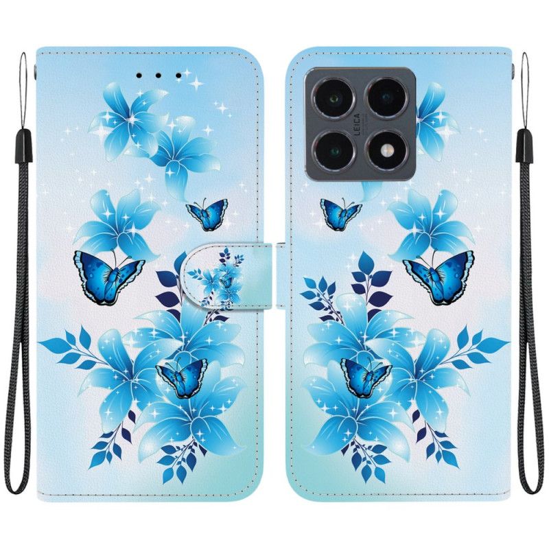 Læder Cover Xiaomi 15t Blåt Sommerfugleprint
