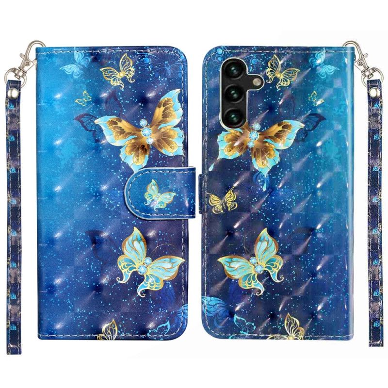 Flip Cover Samsung Galaxy S25 Fe Blå Og Gyldne Sommerfugle Med Snor