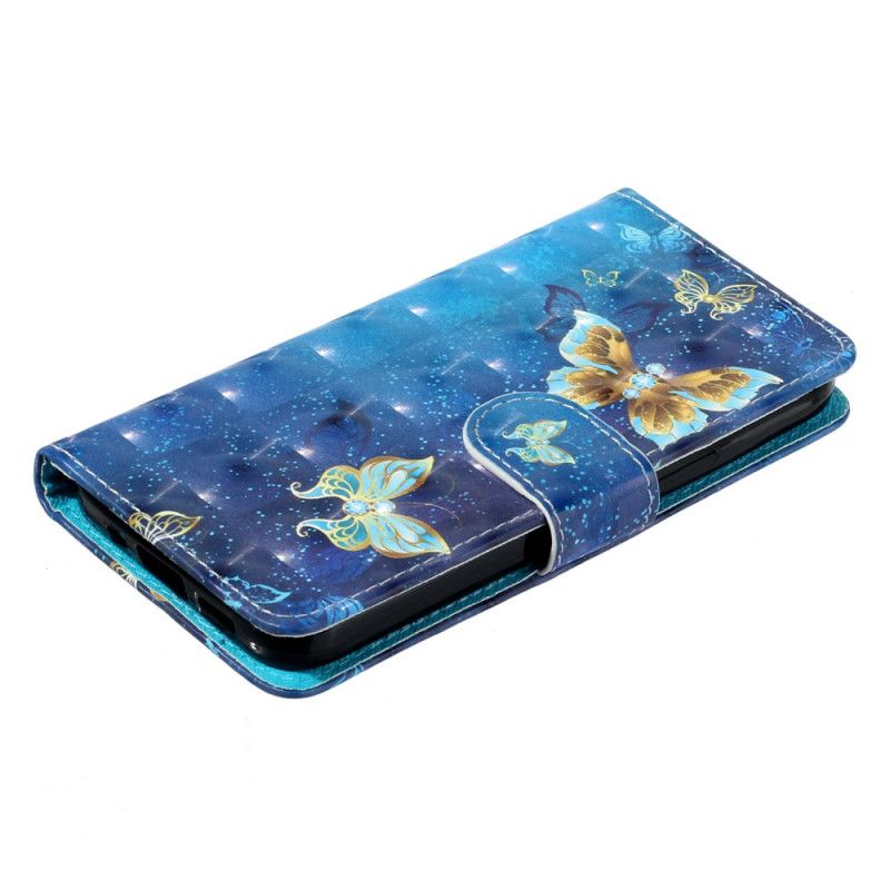 Flip Cover Samsung Galaxy S25 Fe Blå Og Gyldne Sommerfugle Med Snor