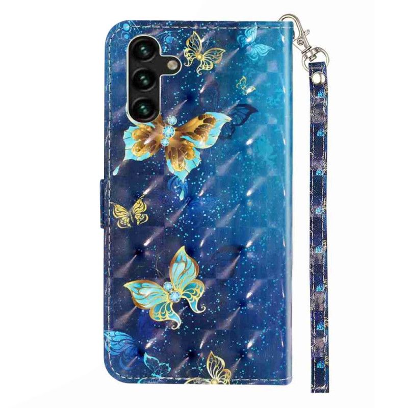 Flip Cover Samsung Galaxy S25 Fe Blå Og Gyldne Sommerfugle Med Snor