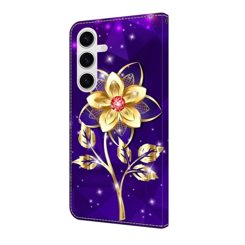 Flip Cover Samsung Galaxy S25 Fe Gyldne Blomster På En Lilla Baggrund