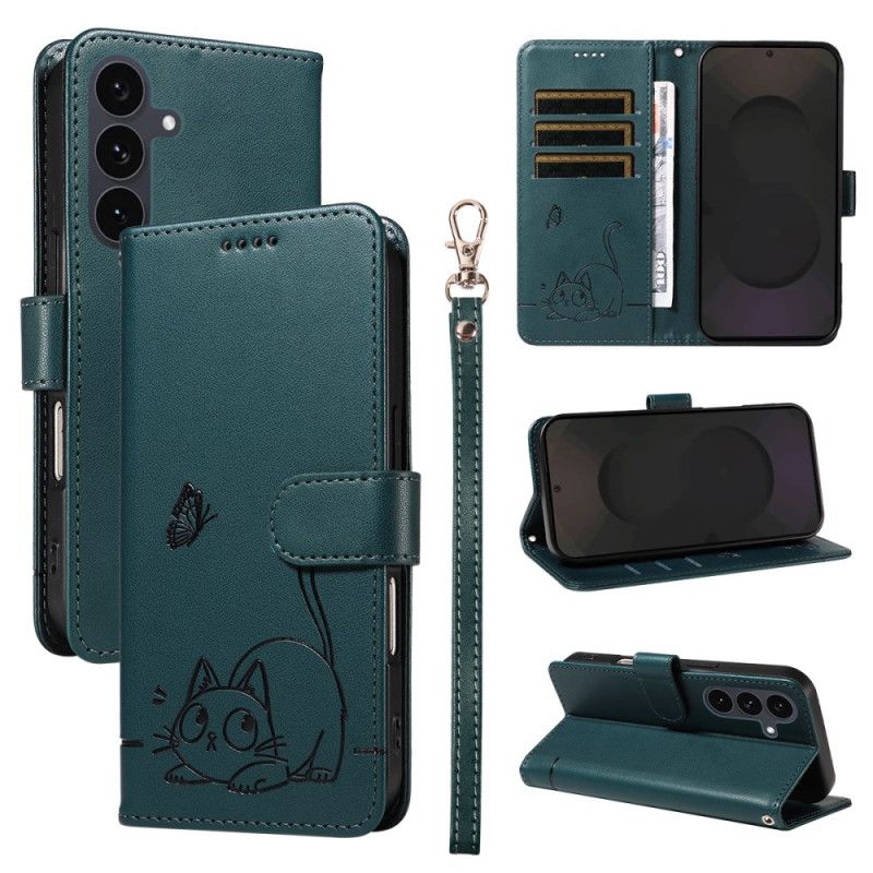 Læder Cover Samsung Galaxy S25 Fe Telefon Etui Katteprint Med Rem