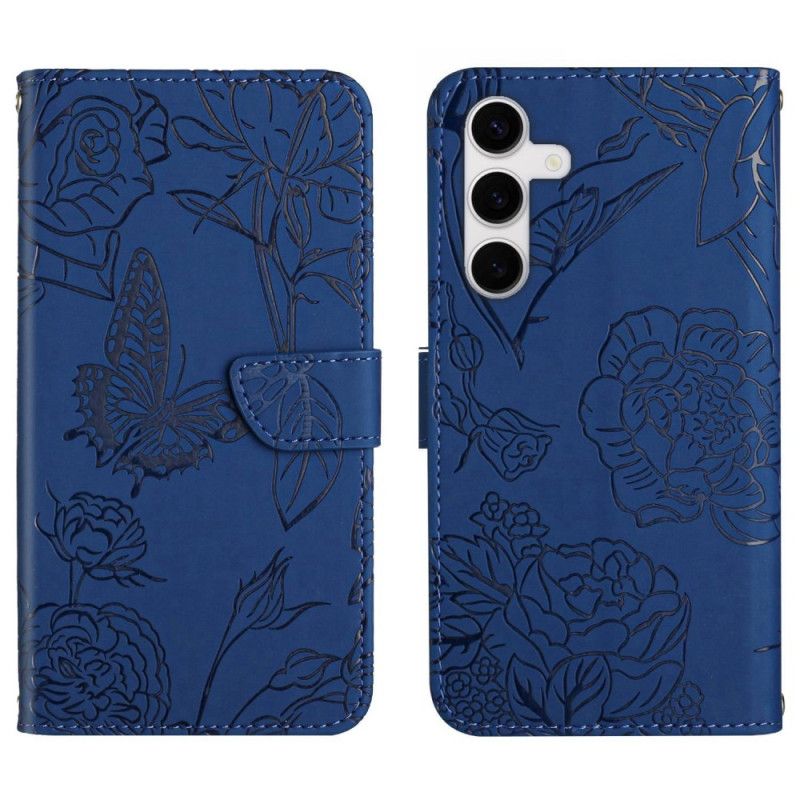 Læder Cover Samsung Galaxy S25 Fe Telefon Etui Skulderrem Med Sommerfugleprint