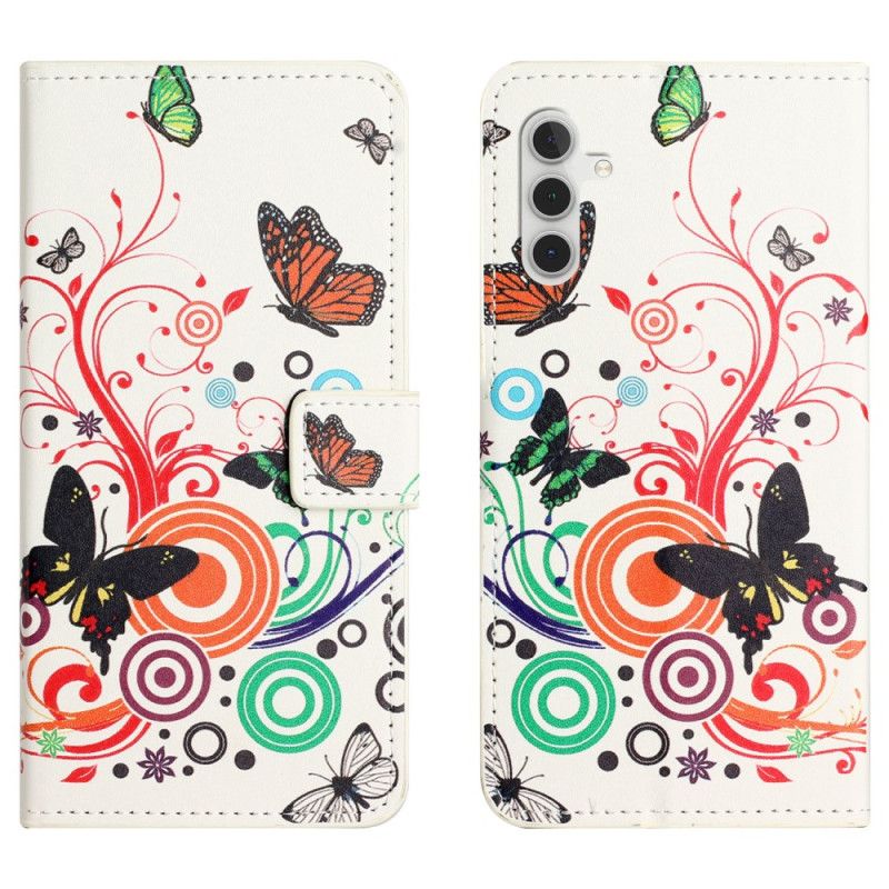 Læder Cover Samsung Galaxy S25 Fe Telefon Etui Sommerfugle På Hvid Baggrund