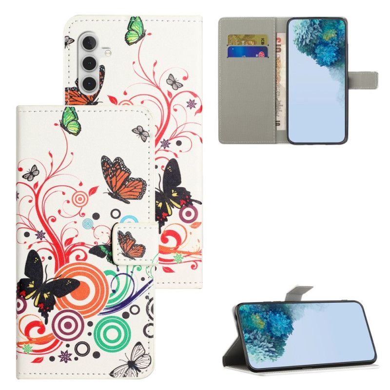 Læder Cover Samsung Galaxy S25 Fe Telefon Etui Sommerfugle På Hvid Baggrund
