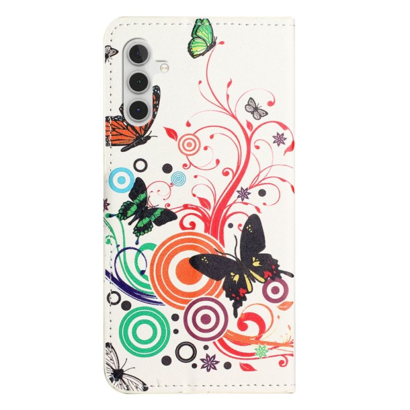 Læder Cover Samsung Galaxy S25 Fe Telefon Etui Sommerfugle På Hvid Baggrund