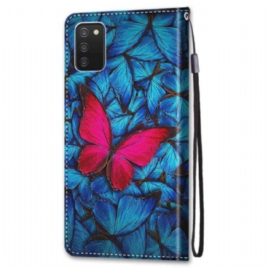 Flip Cover Samsung Galaxy A03s Blå Og Pink Sommerfugle