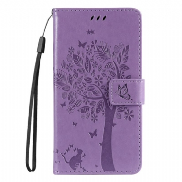 Flip Cover Vivo Y22s Med Snor Træ Og Strappy Kat