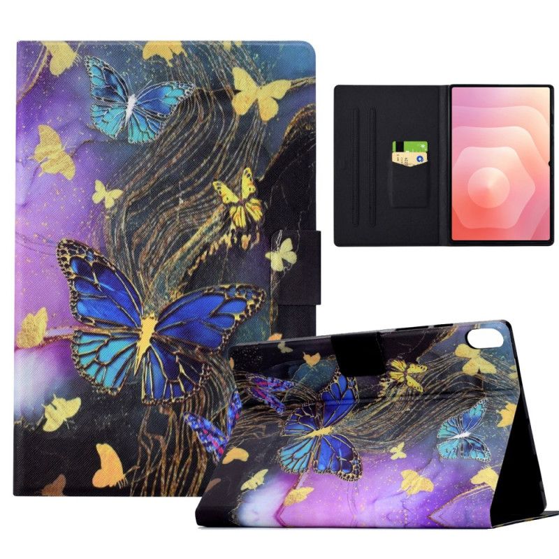 Læder Cover Samsung Galaxy Tab S11 Gyldne Og Farverige Sommerfugle