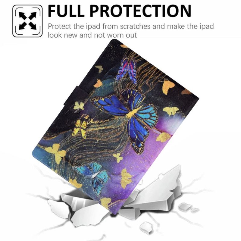 Læder Cover Samsung Galaxy Tab S11 Gyldne Og Farverige Sommerfugle