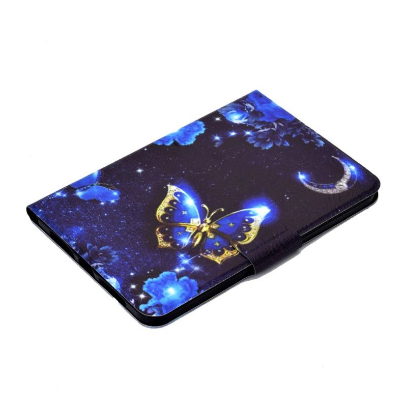 Læder Cover Samsung Galaxy Tab S11 Telefon Etui Blå Og Gylden Sommerfugl