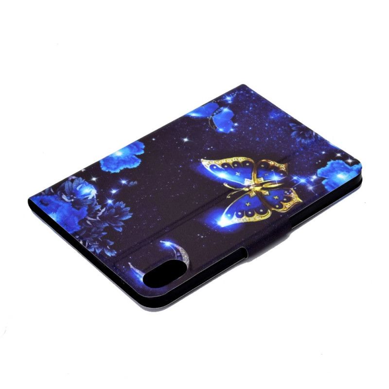 Læder Cover Samsung Galaxy Tab S11 Telefon Etui Blå Og Gylden Sommerfugl