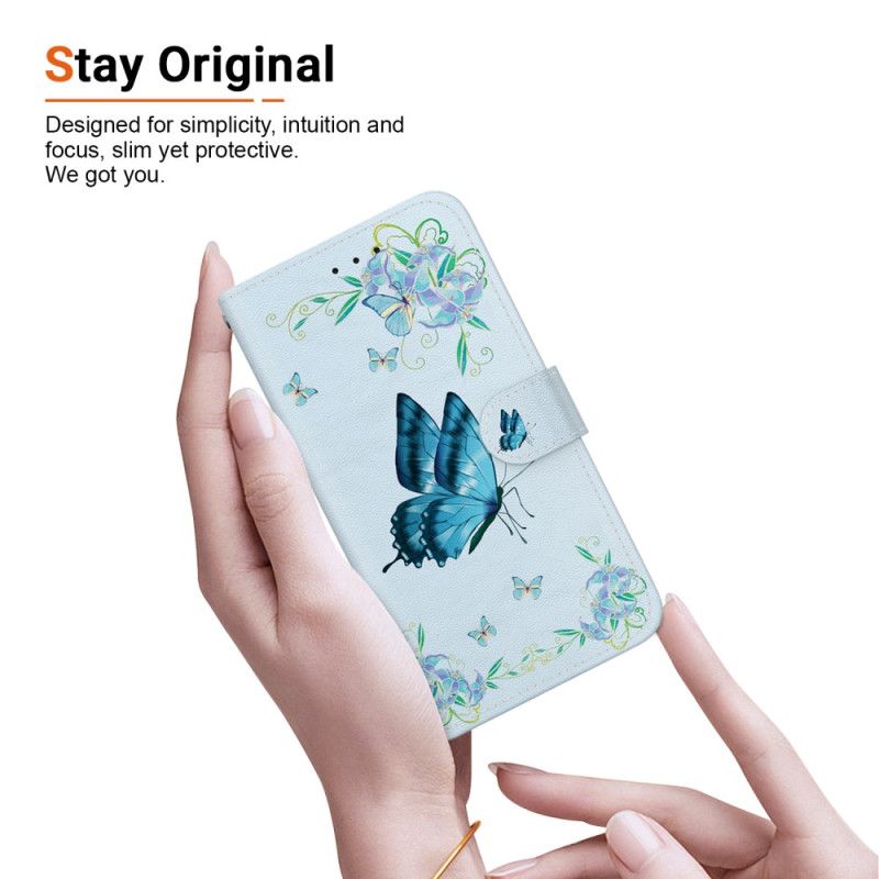 Flip Cover Oneplus Nord 5 Blå Sommerfugl Og Blomst