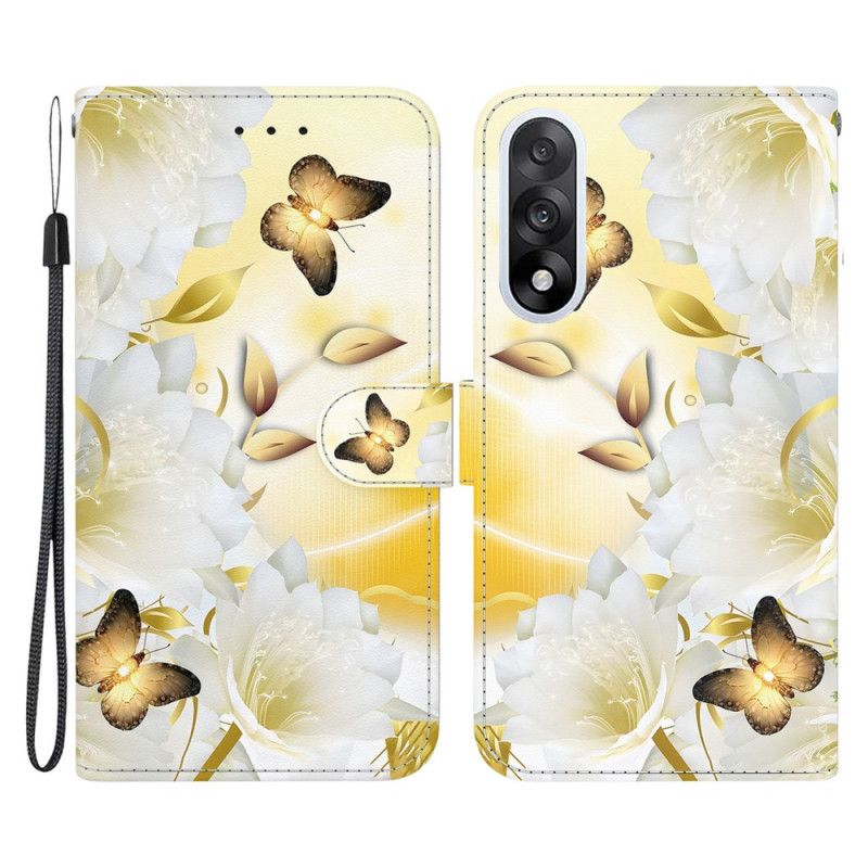Flip Cover Til Oneplus Nord 5 Gyldne Sommerfugle Og Hvide Blomster