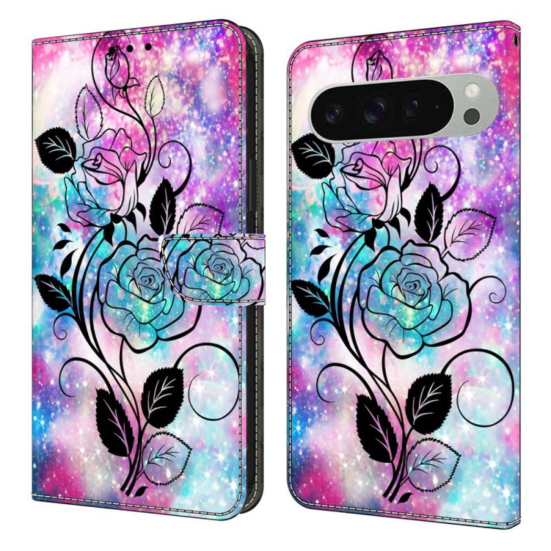 Læder Cover Google Pixel 10 Pro Xl Telefon Etui Lyserødt Og Blåt Mønster