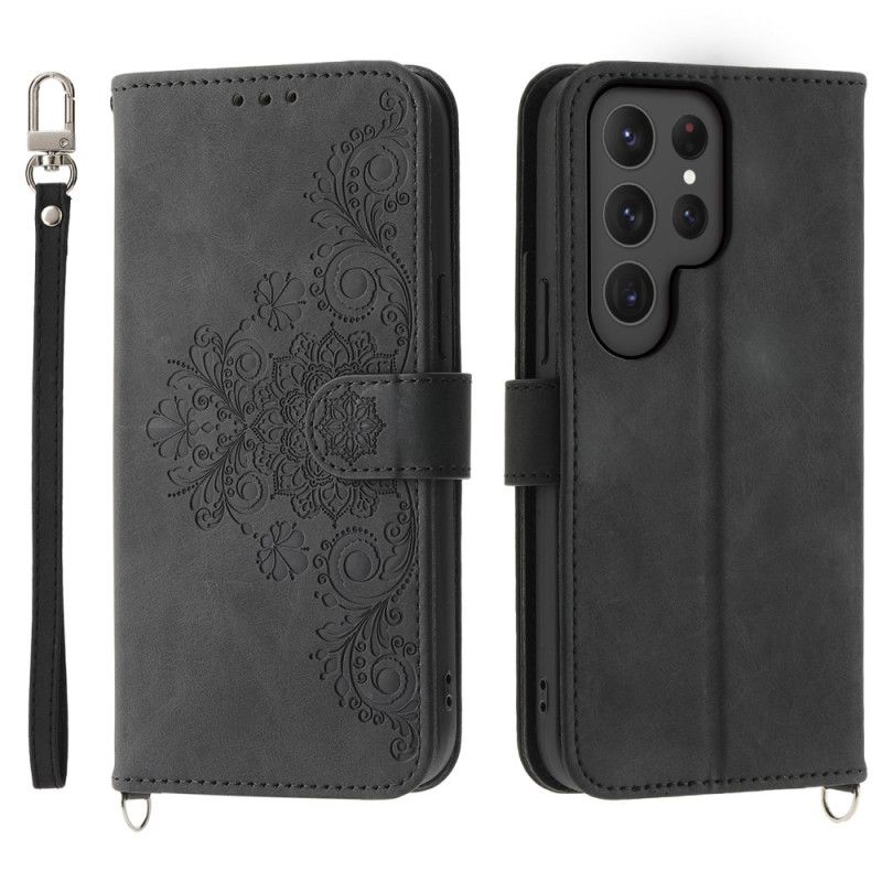 Læder Cover Samsung Galaxy S25 Ultra 5g Blomstermønster Og Stropper