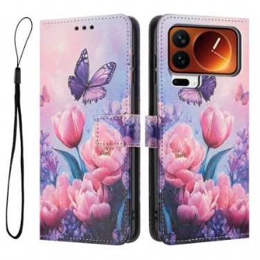 Flip Cover Til Xiaomi 17 Pro Sommerfugle Og Lyserøde Blomster