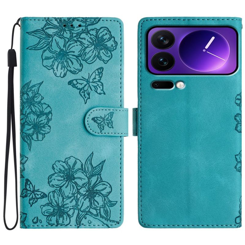 Læder Cover Xiaomi 17 Pro Sommerfugle Og Blomster Med Ruskindseffekt