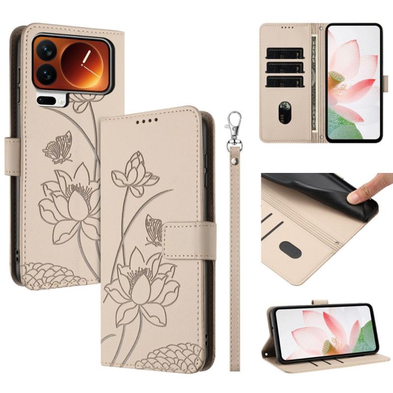 Læder Cover Xiaomi 17 Pro Telefon Etui Lotusmønster Med Snor