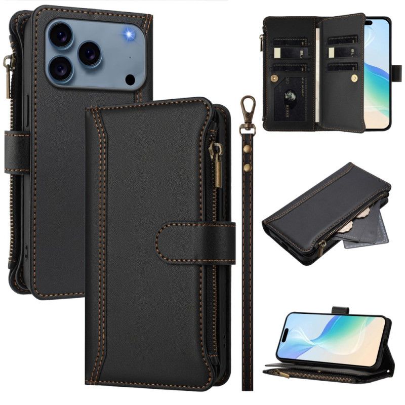 Læder Cover iPhone 17 Pro Max Telefon Etui Pung Med 9 Kort Og Snor