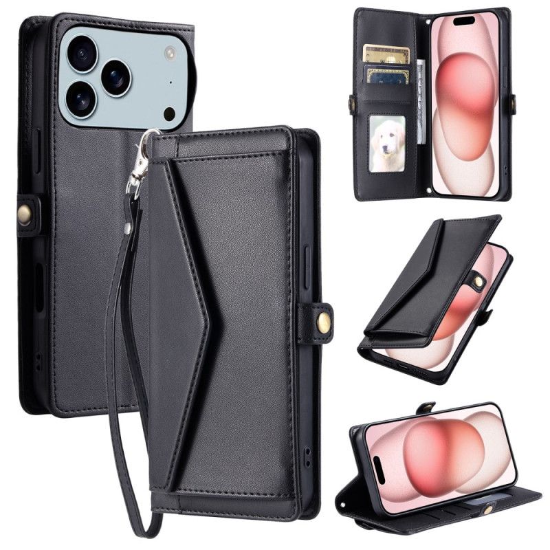 Læder Cover iPhone 17 Pro Max Telefon Etui Pung Og Snor