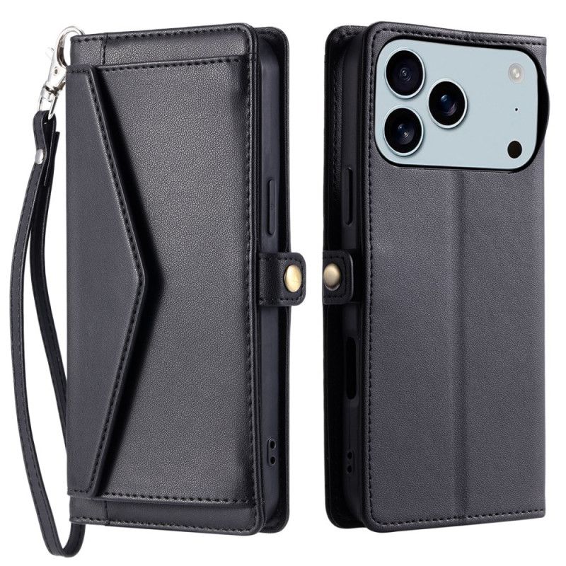 Læder Cover iPhone 17 Pro Max Telefon Etui Pung Og Snor