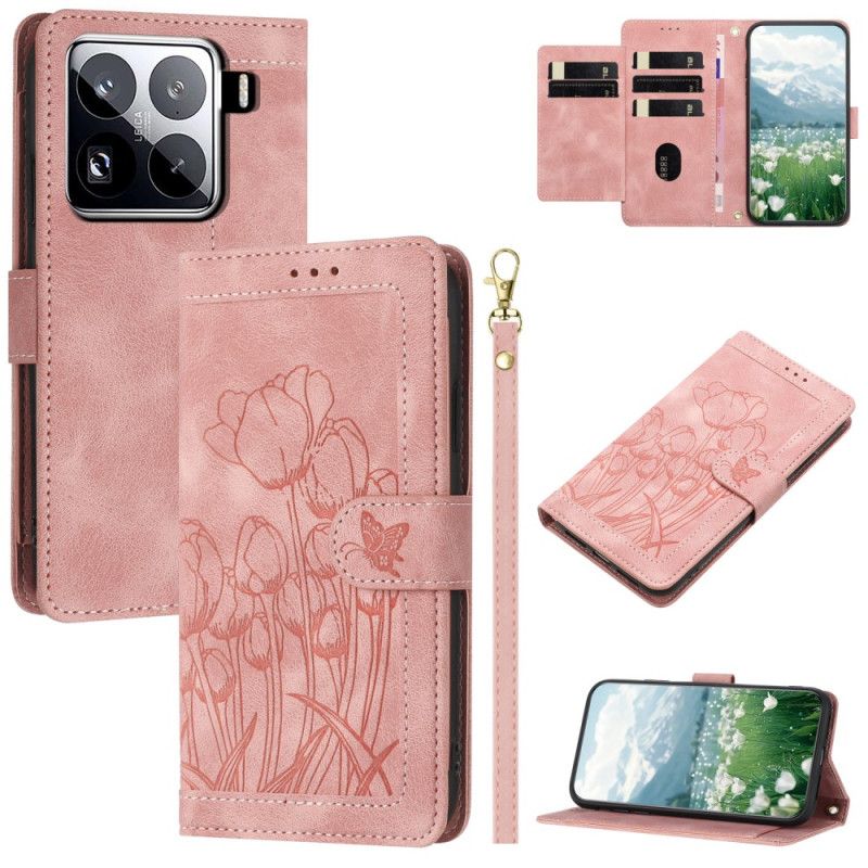 Flip Cover Xiaomi 15 Pro 9 Kortholdere Med Tulipanmønster