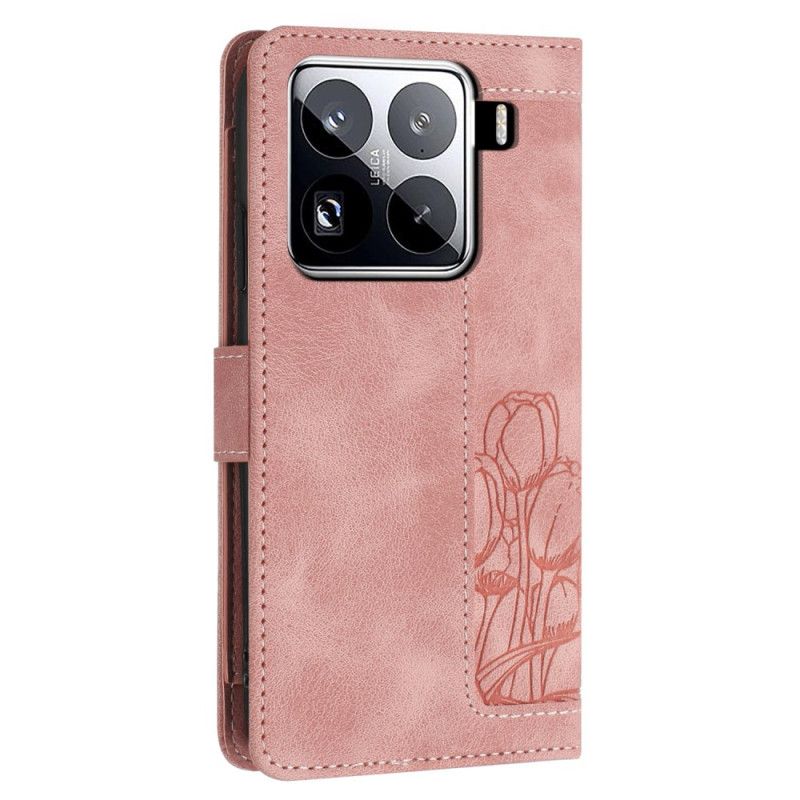Flip Cover Xiaomi 15 Pro 9 Kortholdere Med Tulipanmønster