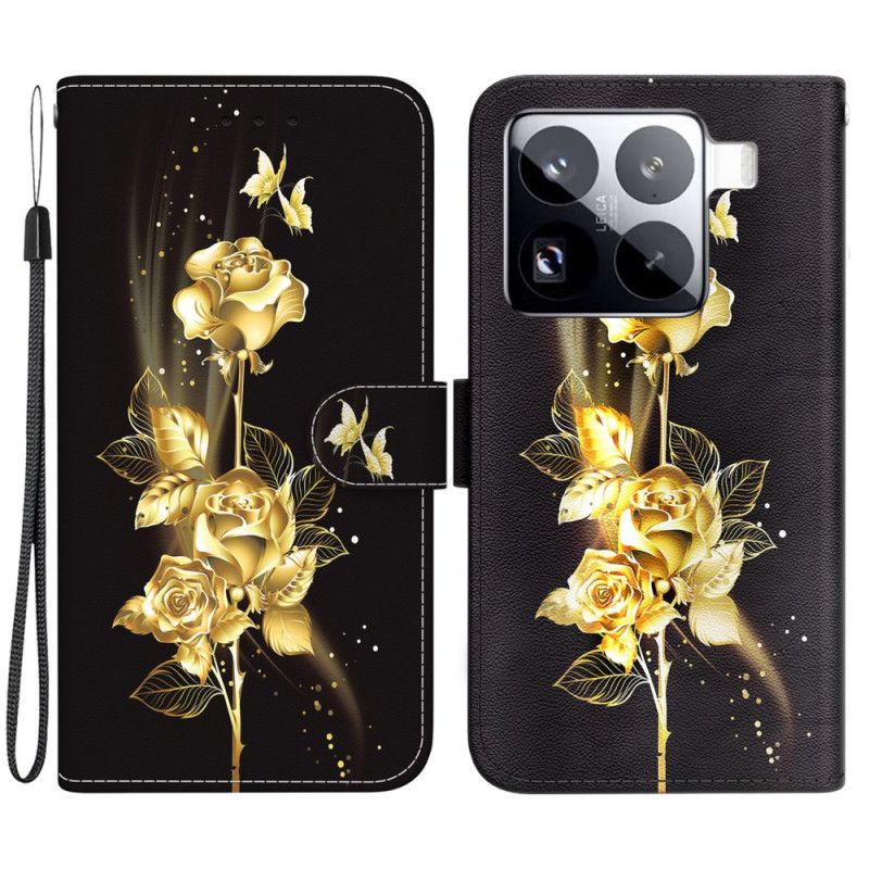Læder Cover Xiaomi 15 Pro Guldsommerfugle Og Lyserød