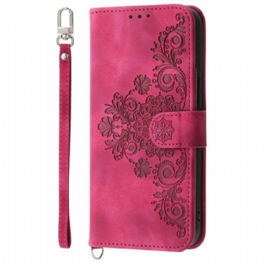 Læder Cover Xiaomi 15 Pro Telefon Etui Blomstermønster Med Ruskindseffekt Rem Og Skulderrem