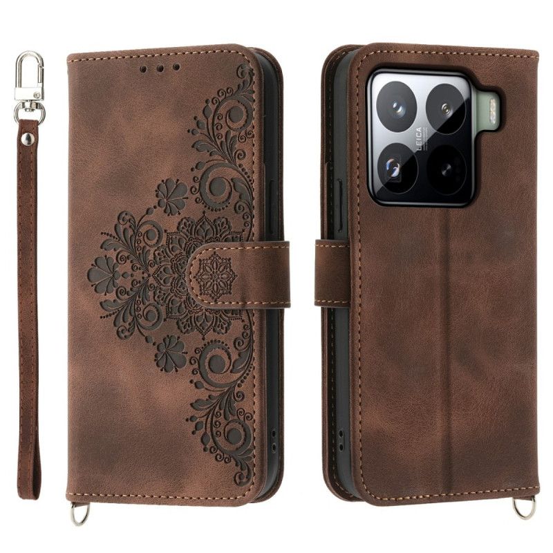 Læder Cover Xiaomi 15 Pro Telefon Etui Blomstermønster Med Ruskindseffekt Rem Og Skulderrem