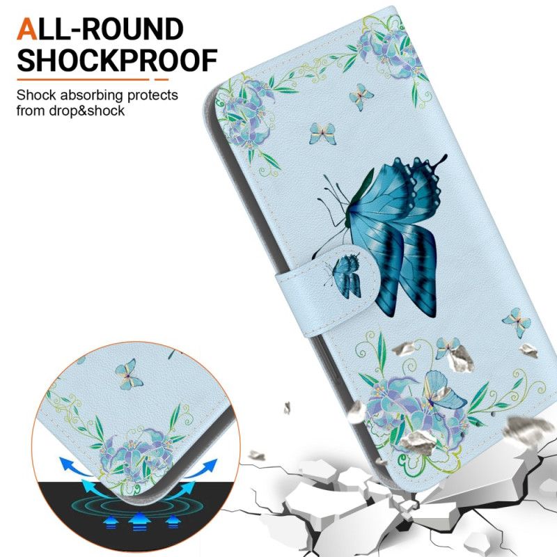 Læder Cover Xiaomi 15 Pro Telefon Etui Sommerfugl Og Blå Blomster