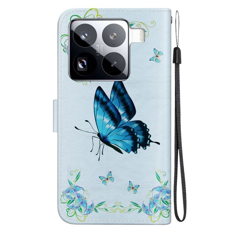 Læder Cover Xiaomi 15 Pro Telefon Etui Sommerfugl Og Blå Blomster