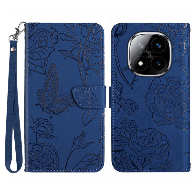 Læder Cover Poco X7 5g Telefon Etui Sommerfugleprint Med Rem