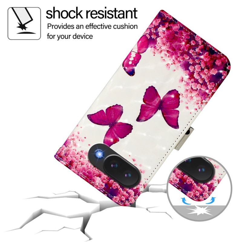 Læder Cover Google Pixel 10a Telefon Etui Lyserøde Sommerfugle