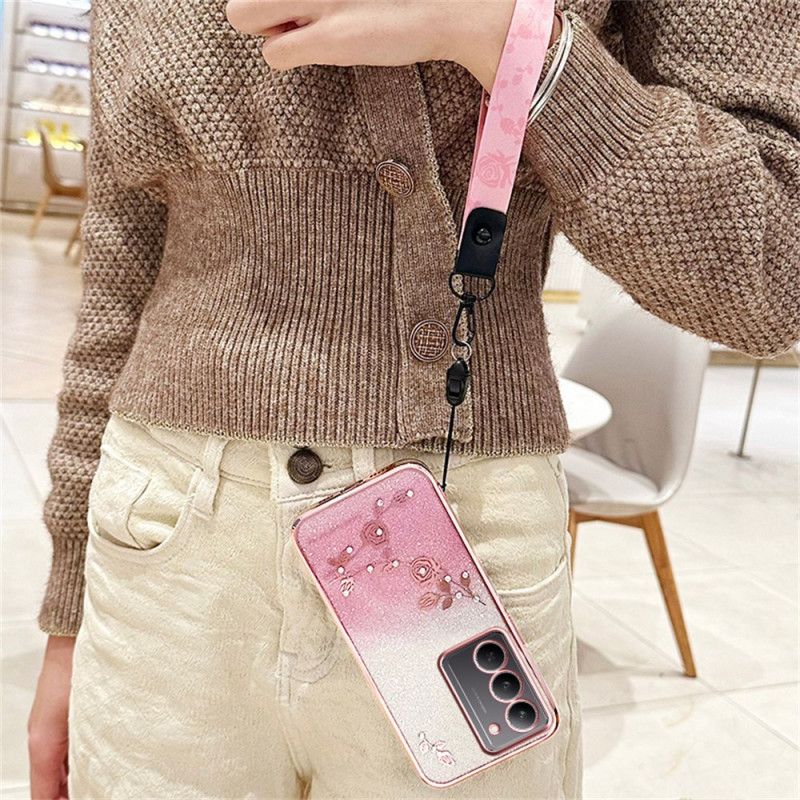 Cover Realme 14x 5g Telefon Etui Kadem Blomster Og Rhinsten Med Snor