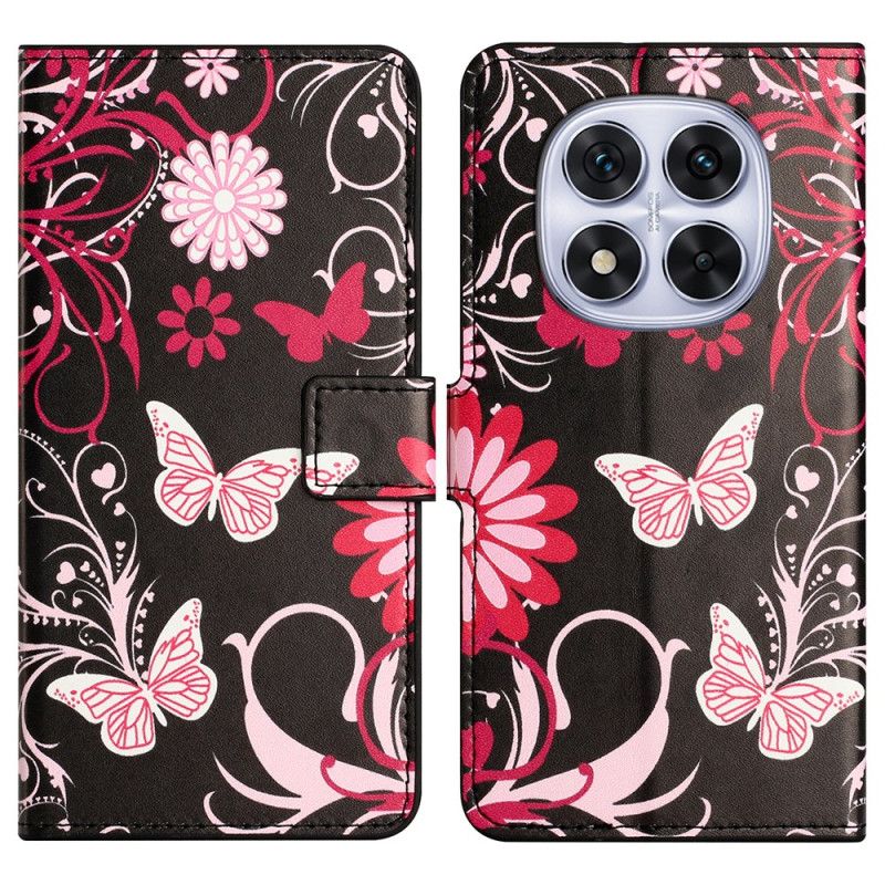 Flip Cover Xiaomi Redmi Note 14 Pro Plus 5g Sommerfugle På En Sort Baggrund