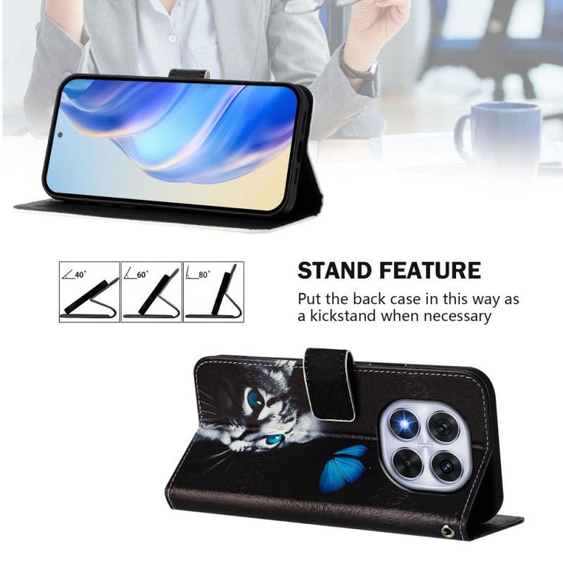 Læder Cover Xiaomi Redmi Note 14 Pro Plus 5g Sommerfugle- Og Kattemønster