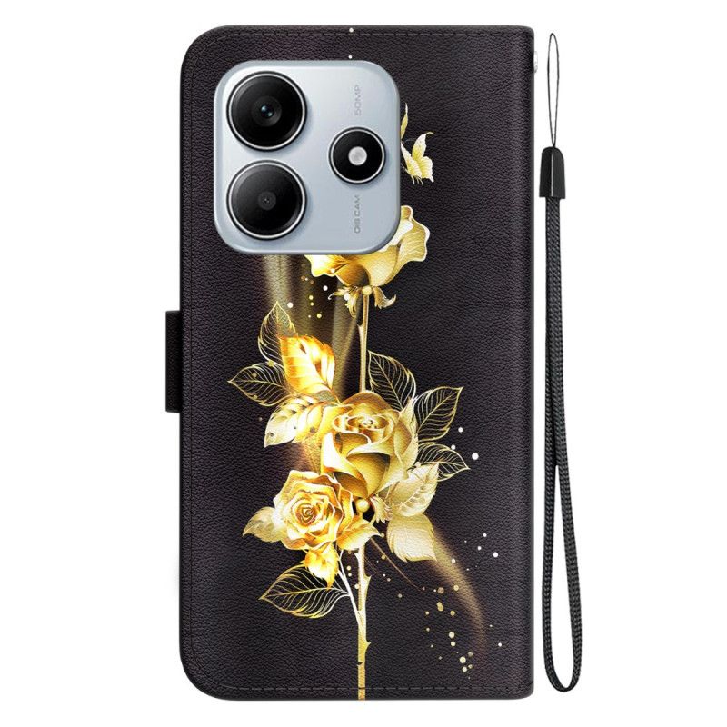 Læder Cover Xiaomi Redmi Note 14 5g Telefon Etui Guldsommerfugle Og Rose