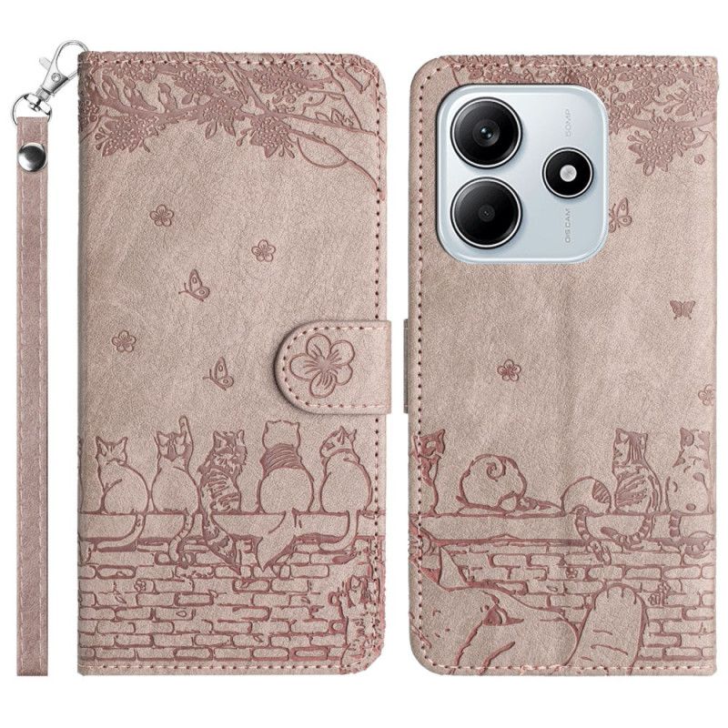 Læder Cover Xiaomi Redmi Note 14 5g Telefon Etui Kattemønster Med Rem