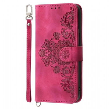 Læder Cover Xiaomi Redmi Note 14 5g Telefon Etui Pung Med Blondemønster Rem Og Skulderrem