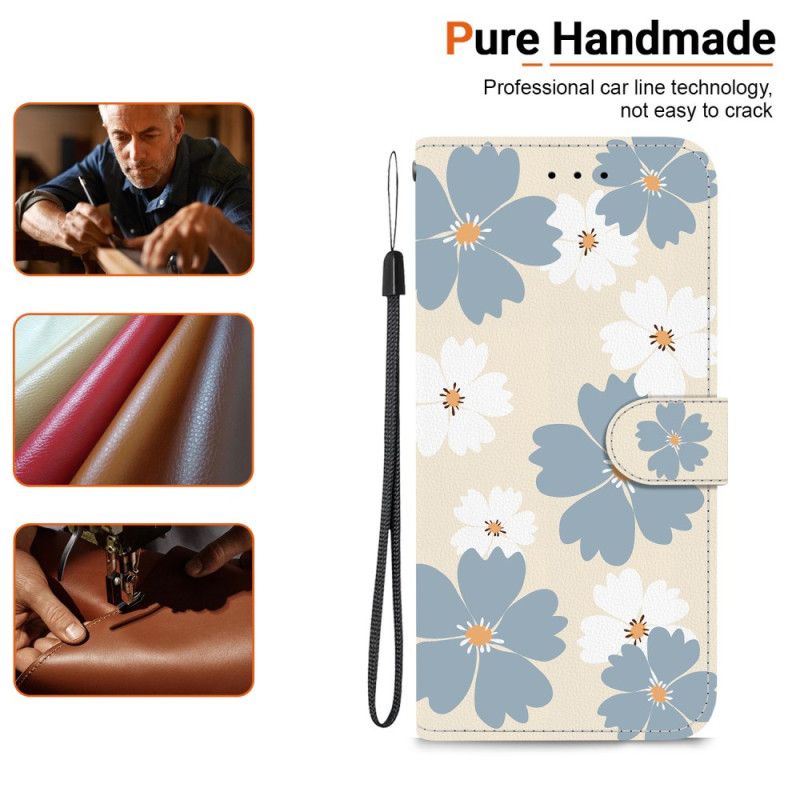 Flip Cover Poco C85 Grå Og Hvide Blomster